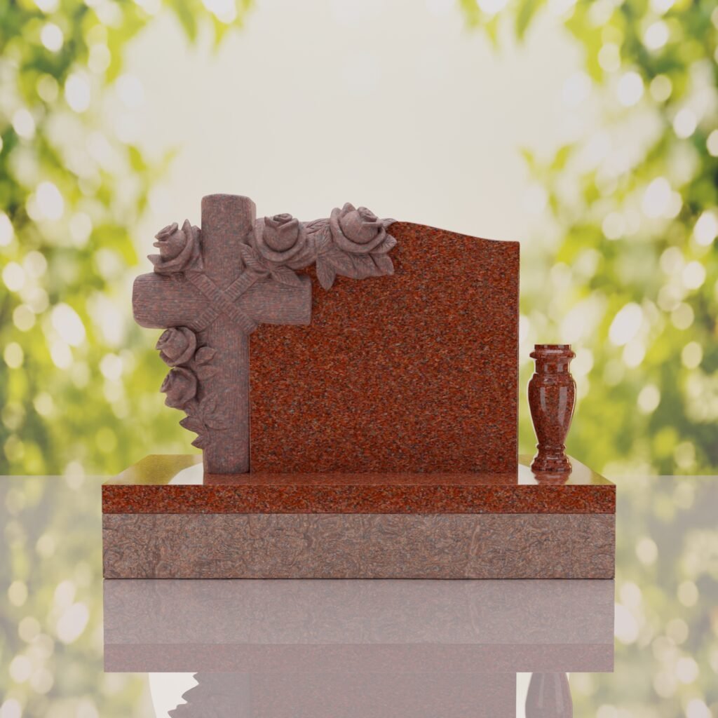 Carved Cross Upright Headstone with Rose Detail