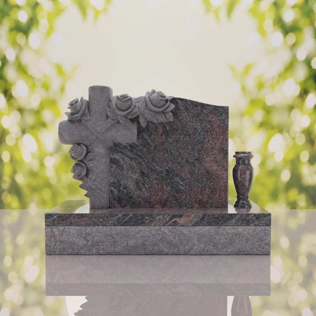 Carved Cross Upright Headstone with Rose Detail