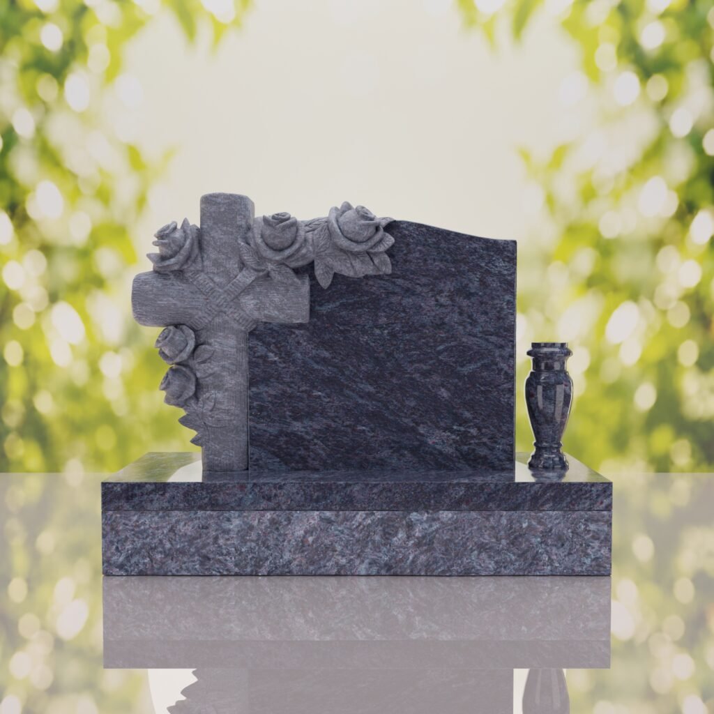 Carved Cross Upright Headstone with Rose Detail