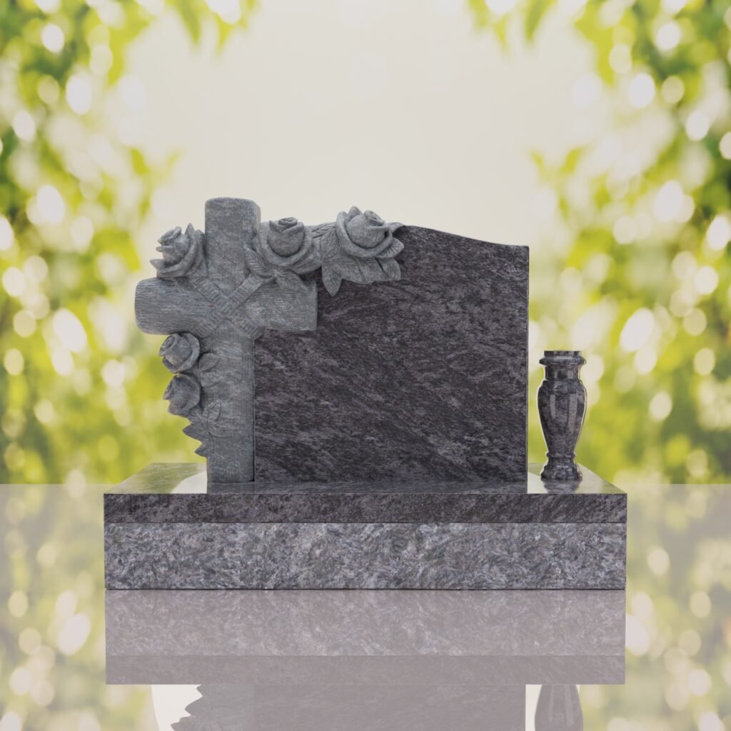 Carved Cross Upright Headstone with Rose Detail