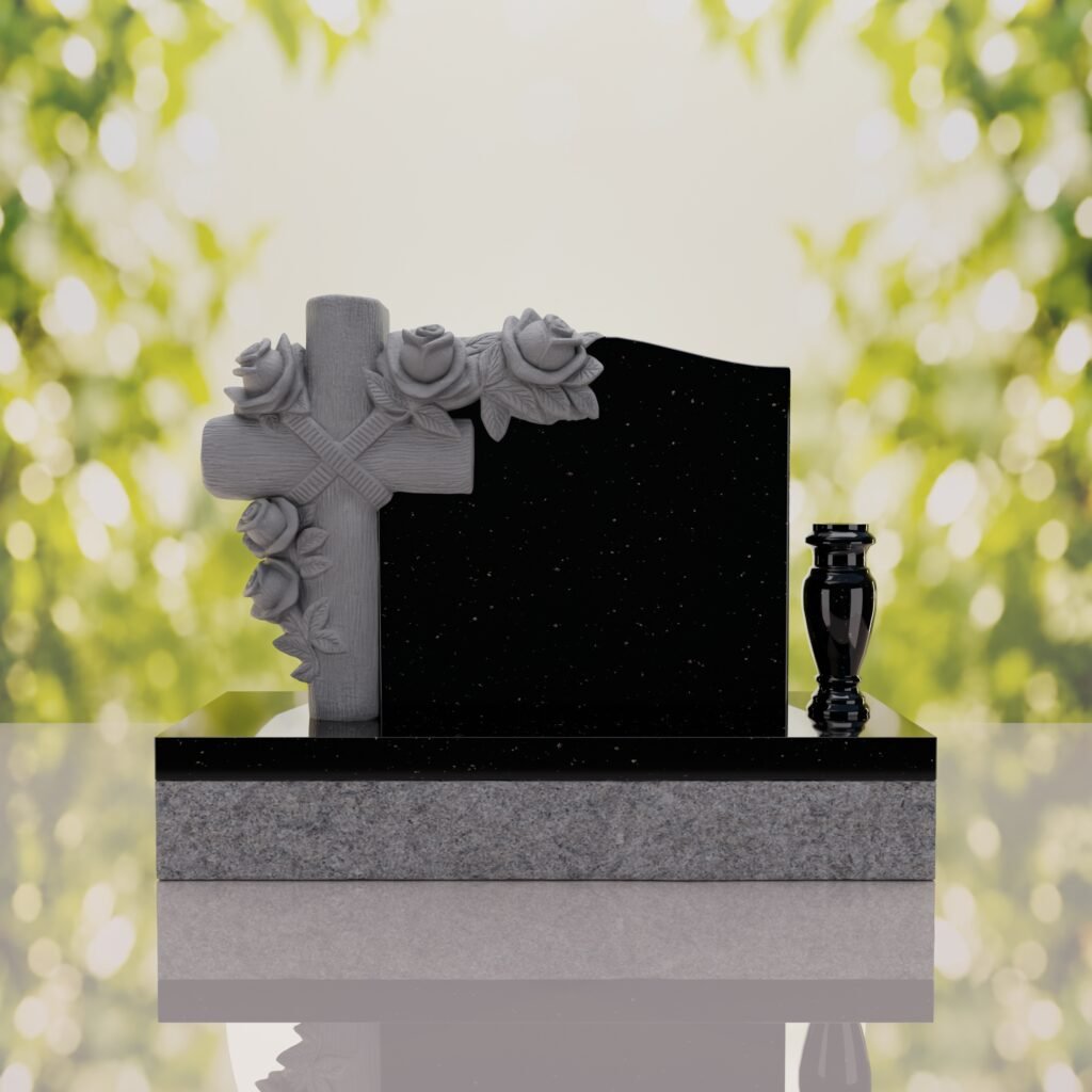 Carved Cross Upright Headstone with Rose Detail