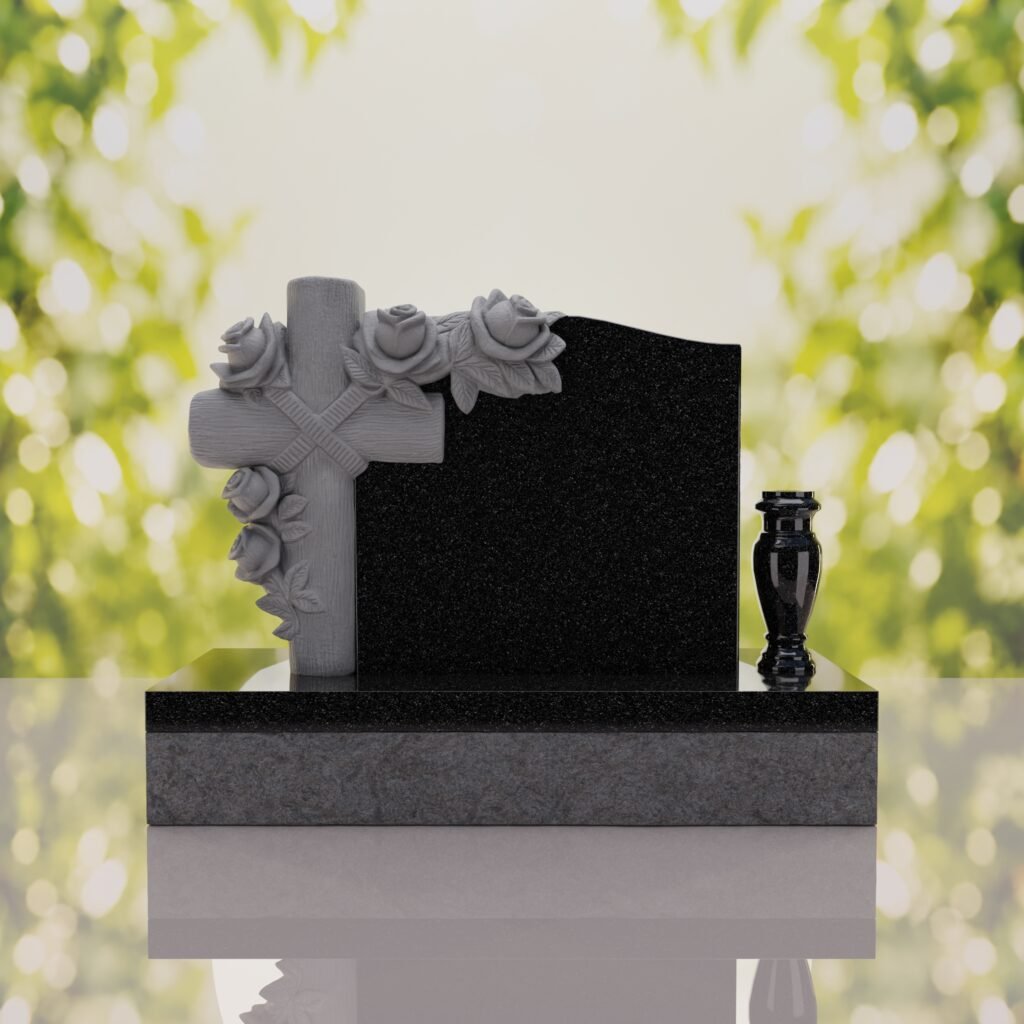 Carved Cross Upright Headstone with Rose Detail