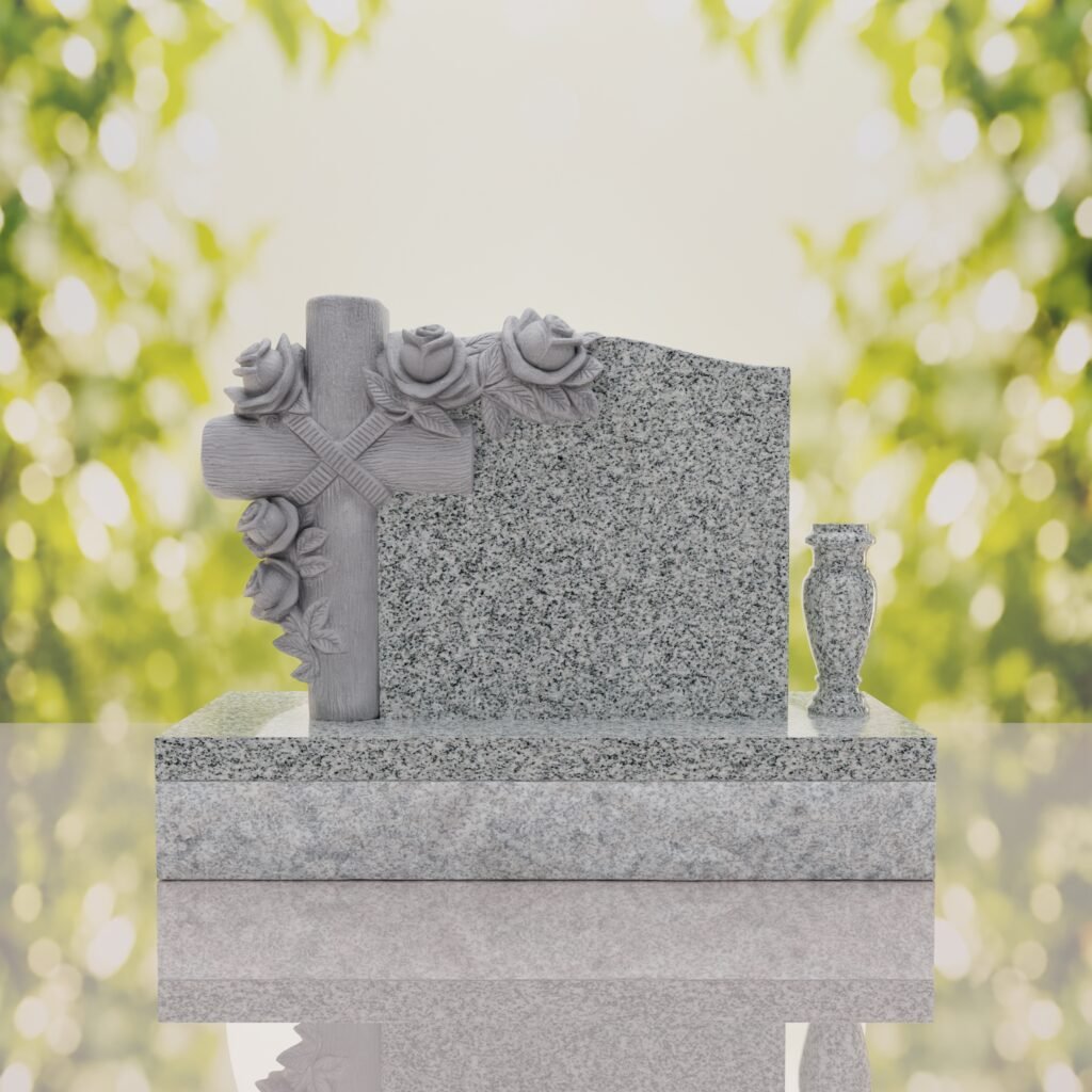 Carved Cross Upright Headstone with Rose Detail