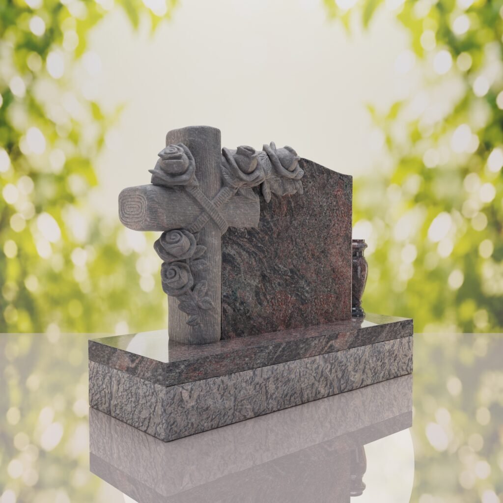 Carved Cross Upright Headstone with Rose Detail