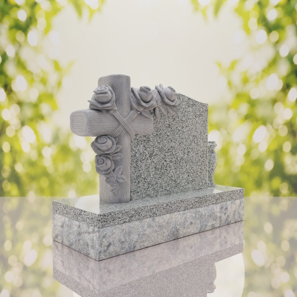 Carved Cross Upright Headstone with Rose Detail