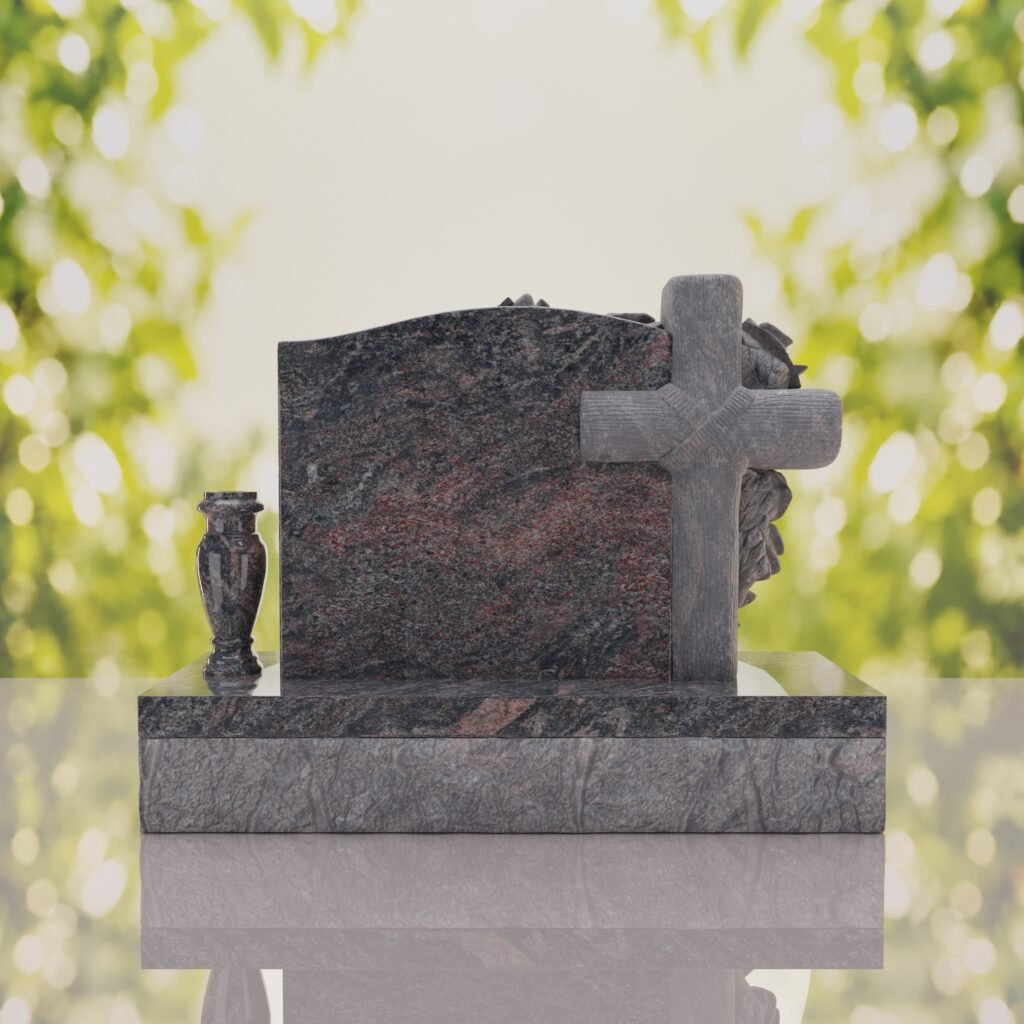 Carved Cross Upright Headstone with Rose Detail