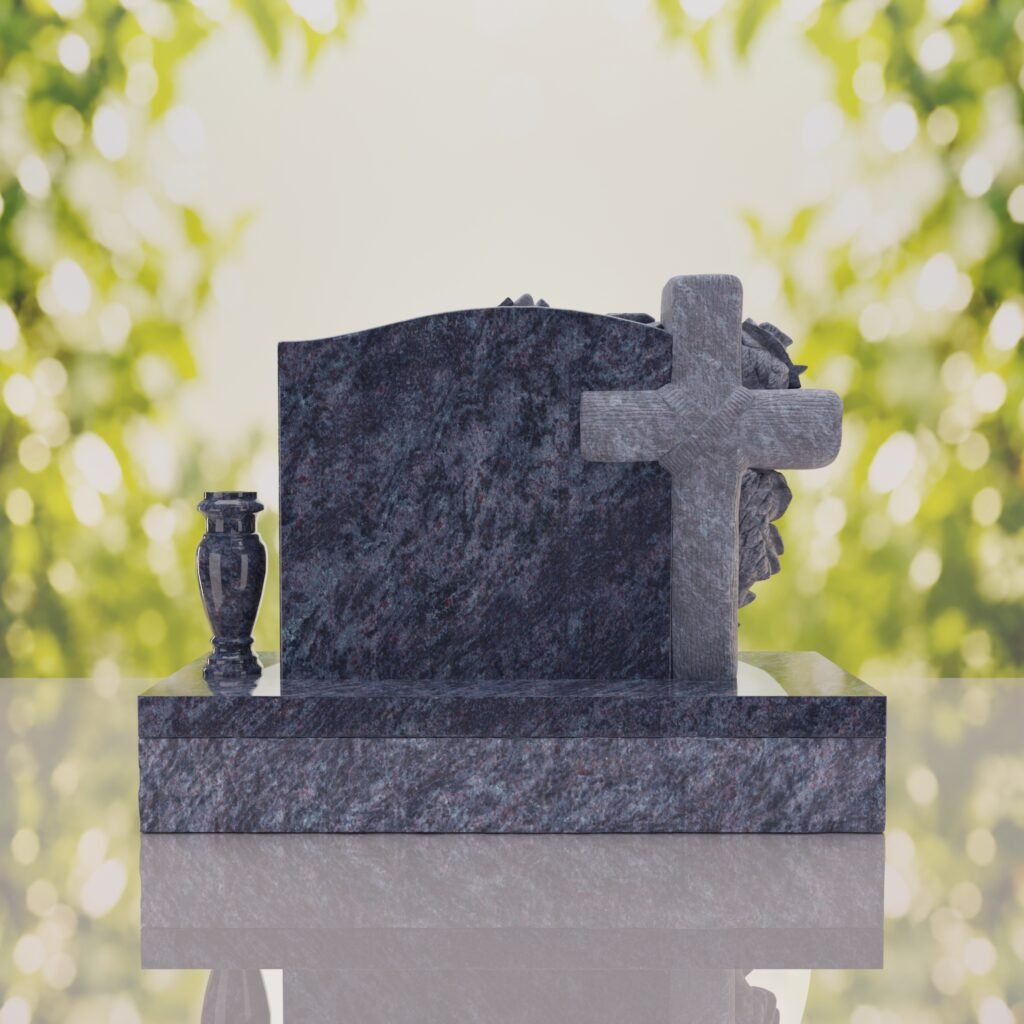 Carved Cross Upright Headstone with Rose Detail