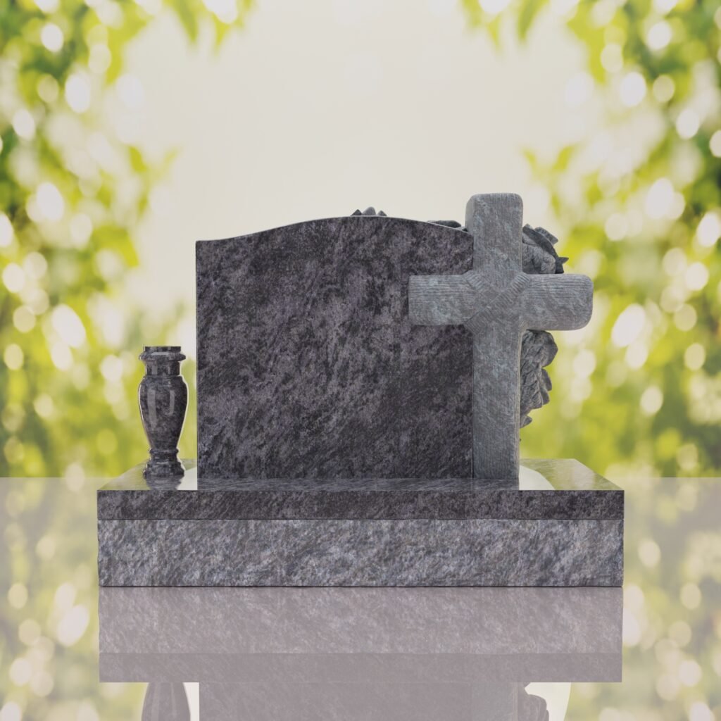 Carved Cross Upright Headstone with Rose Detail