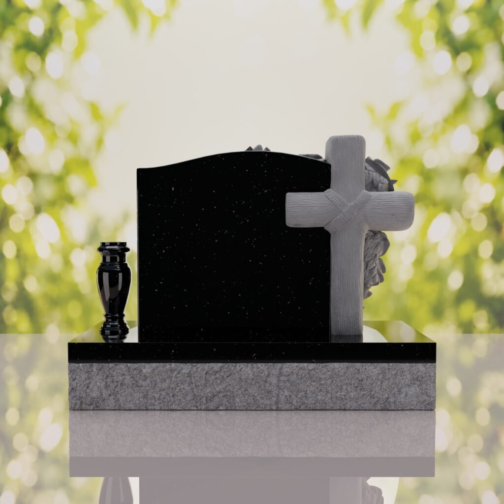 Carved Cross Upright Headstone with Rose Detail