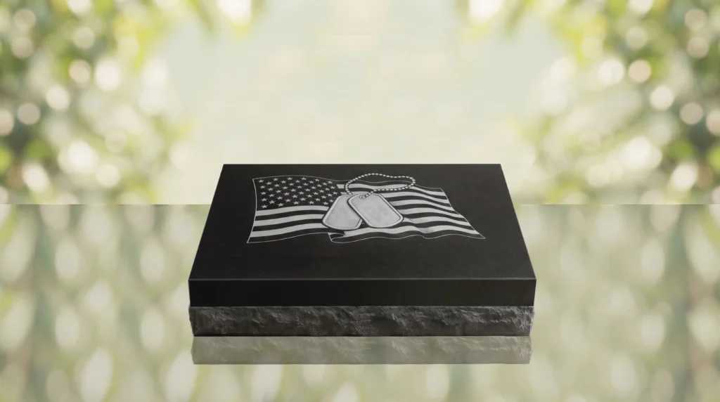 Military Flat Granite Grave Marker with Flag & Dog Tags