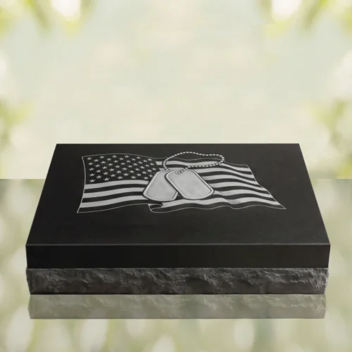 Military Flat Granite Grave Marker with Flag & Dog Tags