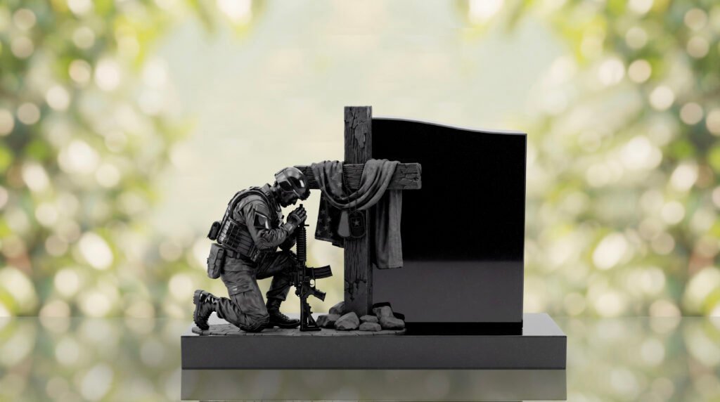 Praying Soldier Cross Upright Granite Headstone