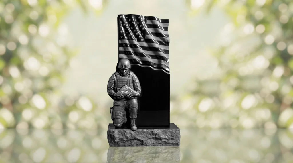 Patriotic Soldier with Flag Upright Granite Headstone