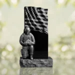 Patriotic Soldier with Flag Upright Granite Headstone