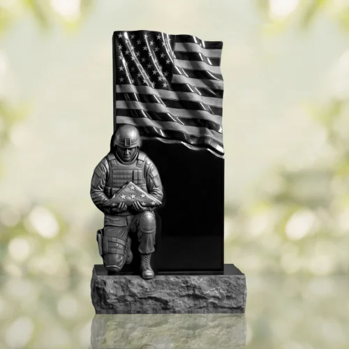 Patriotic Soldier with Flag Upright Granite Headstone