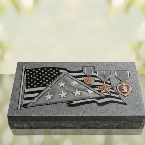 Patriotic Military Flat Granite Grave Marker with Flag & Medals