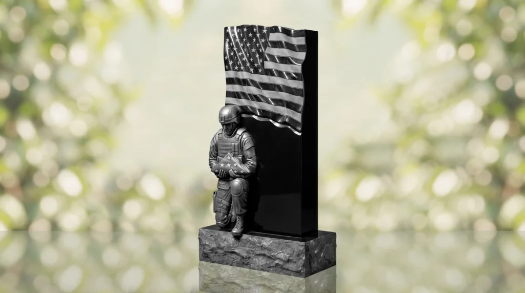 Patriotic Soldier with Flag Upright Granite Headstone