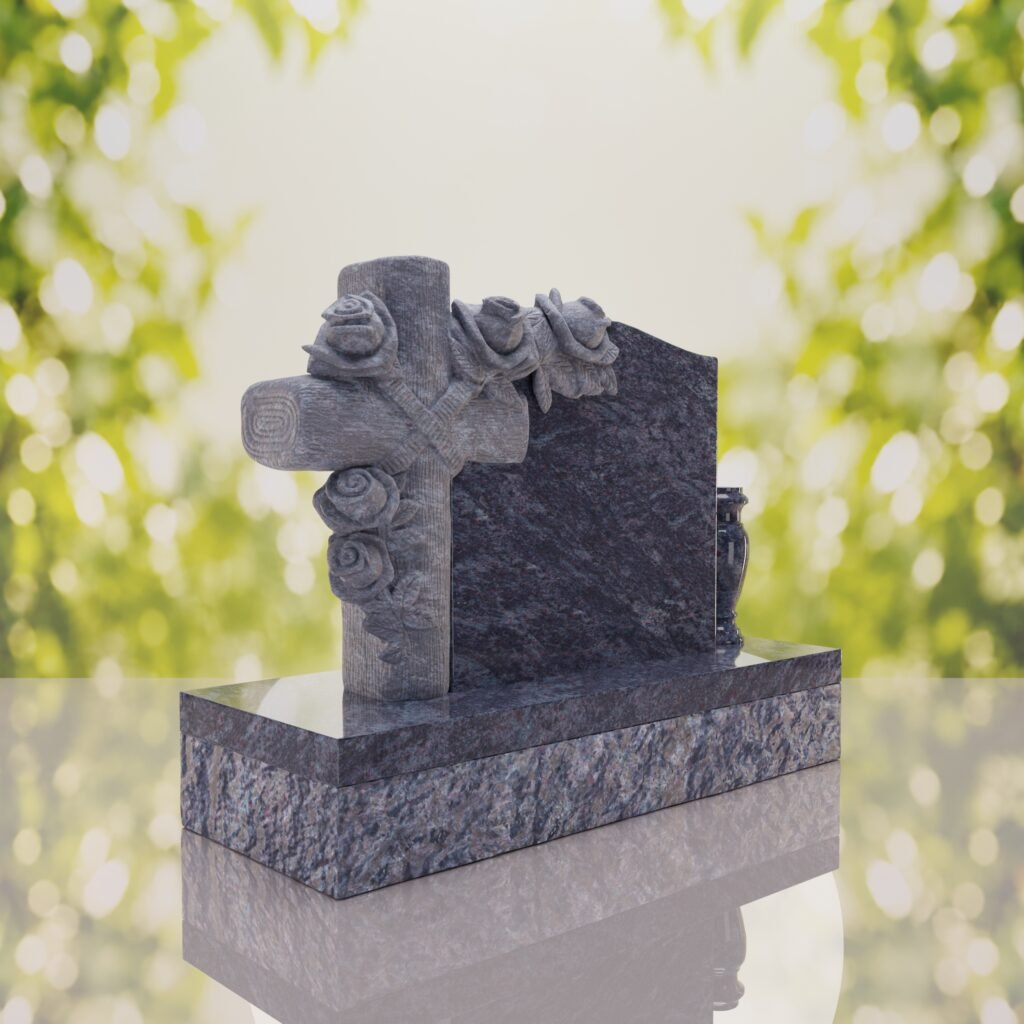 Carved Cross Upright Headstone with Rose Detail
