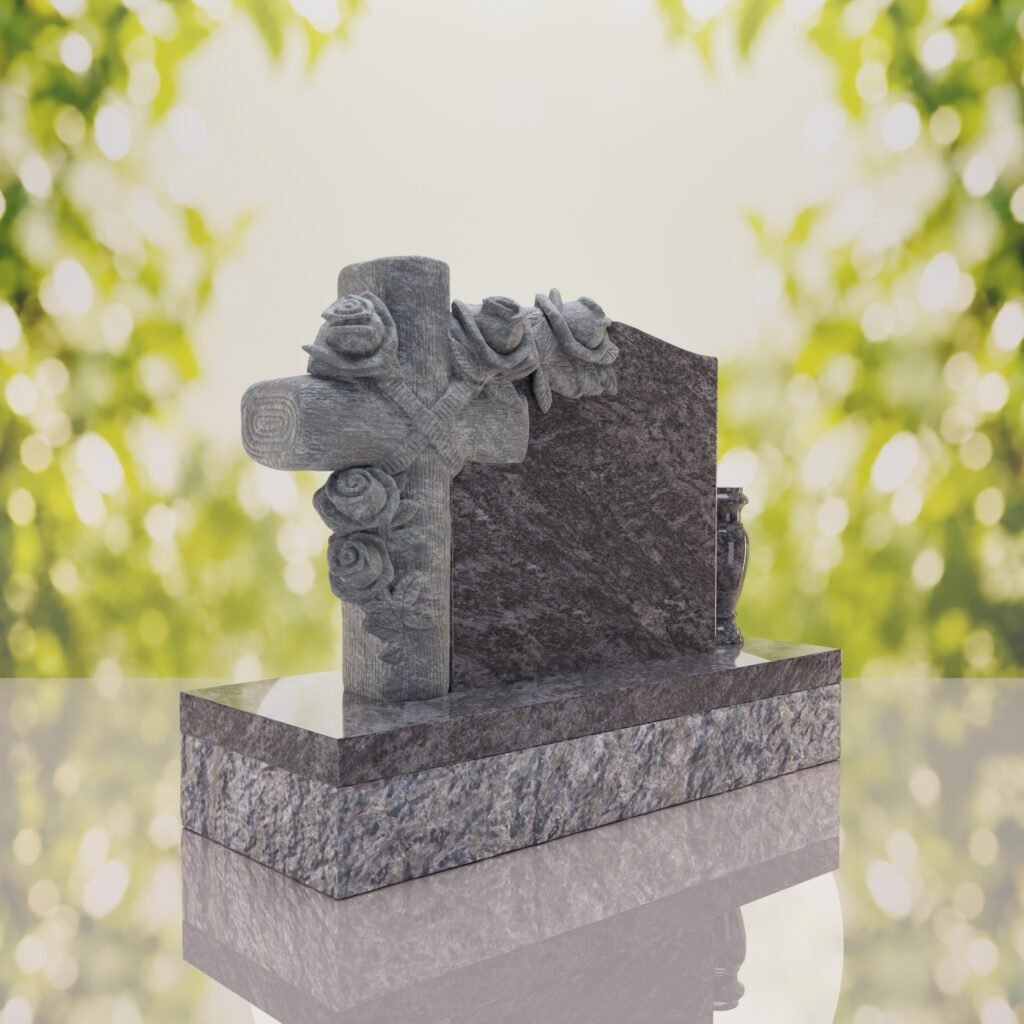 Carved Cross Upright Headstone with Rose Detail