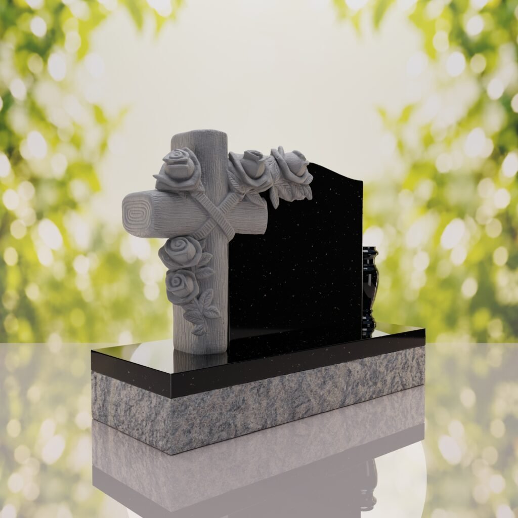Carved Cross Upright Headstone with Rose Detail