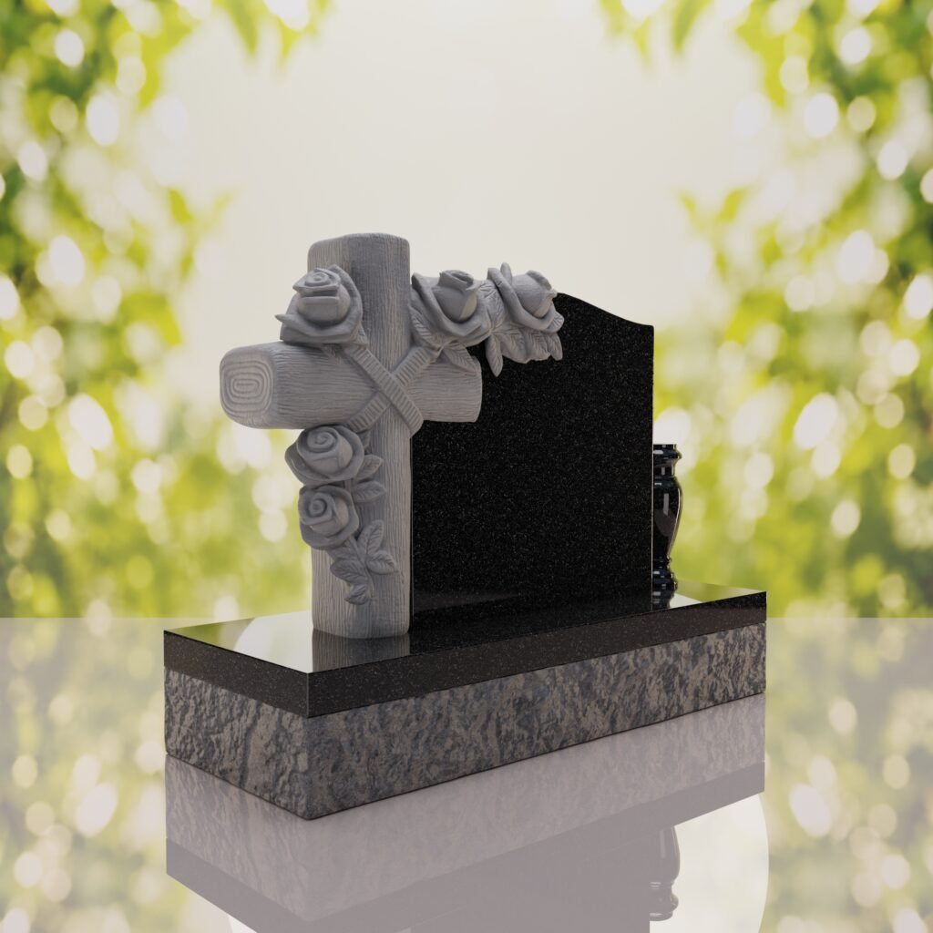Carved Cross Upright Headstone with Rose Detail