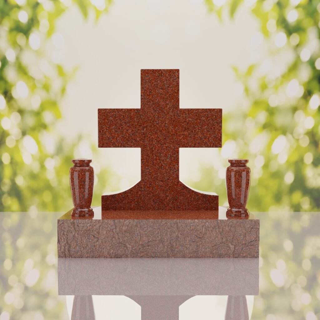 Classic Cross Granite Headstone with Dual Vases