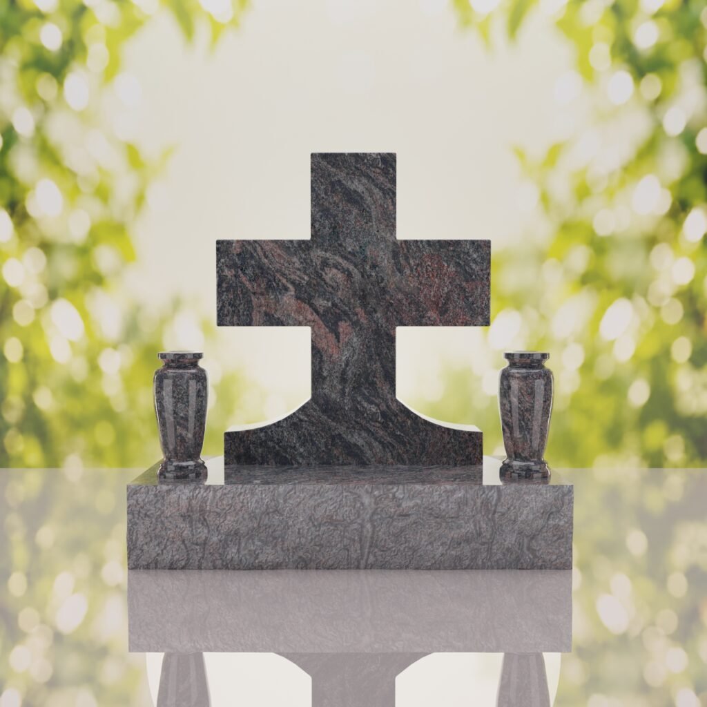 Classic Cross Granite Headstone with Dual Vases