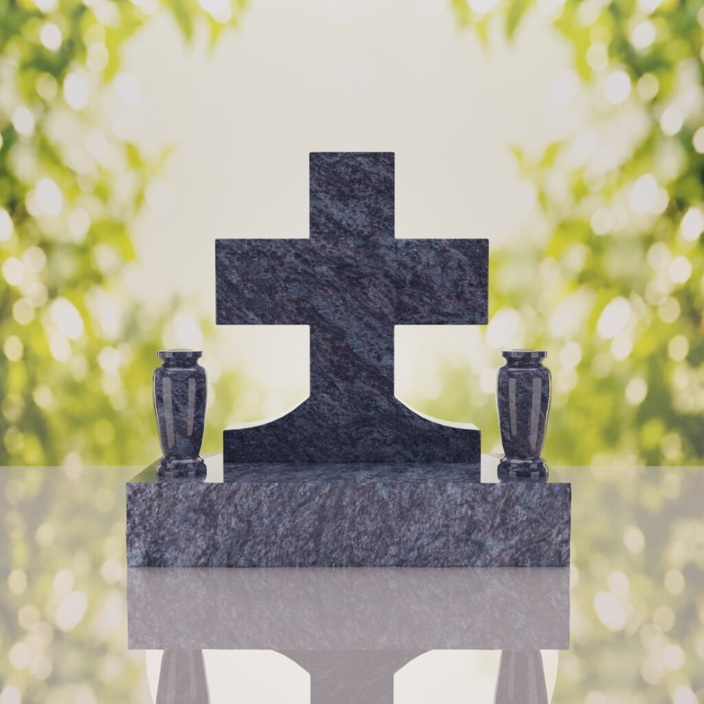Classic Cross Granite Headstone with Dual Vases