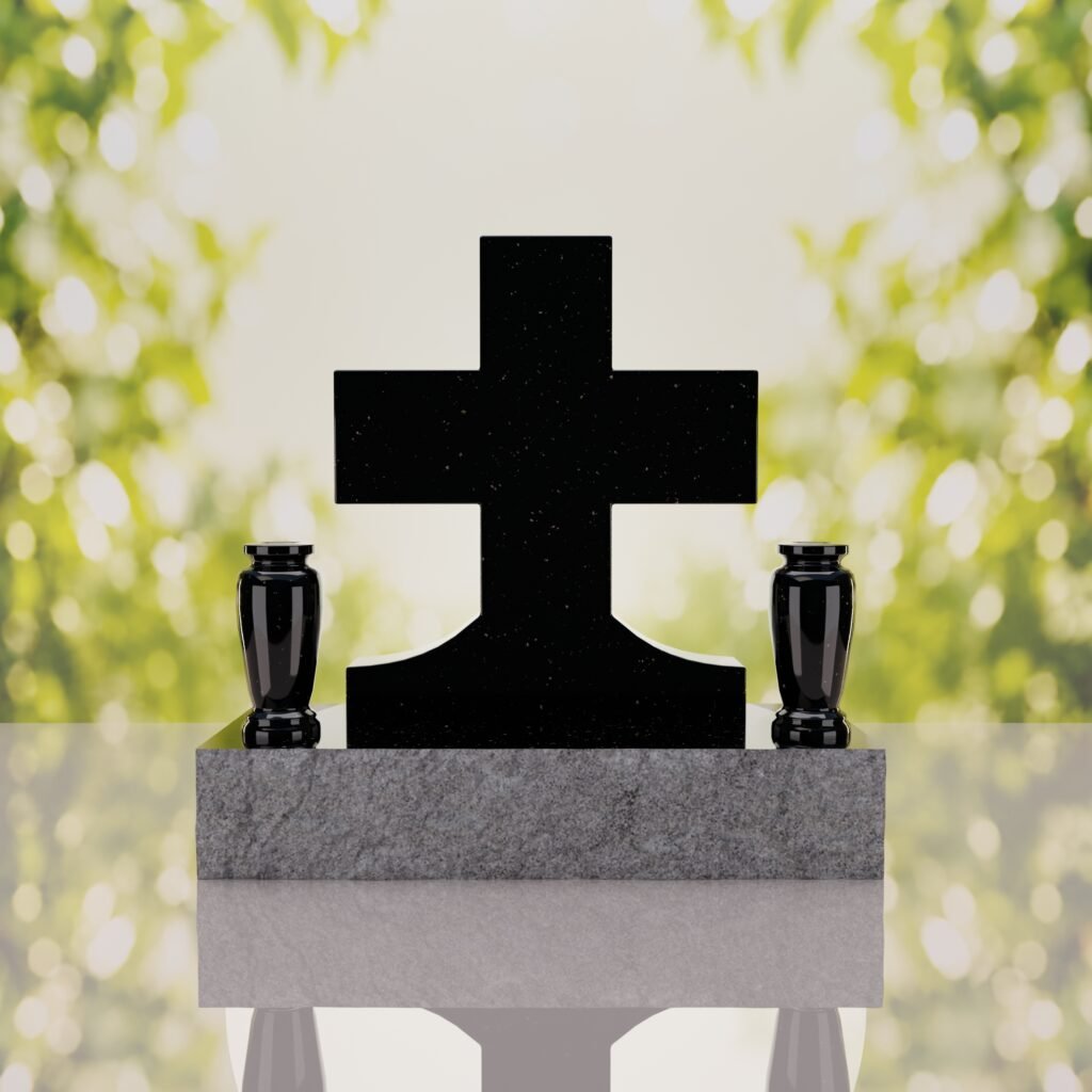 Classic Cross Granite Headstone with Dual Vases