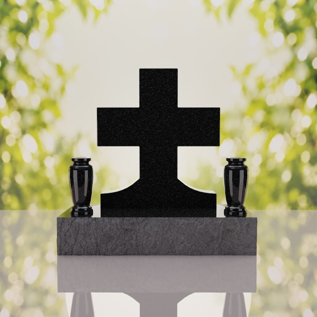 Classic Cross Granite Headstone with Dual Vases