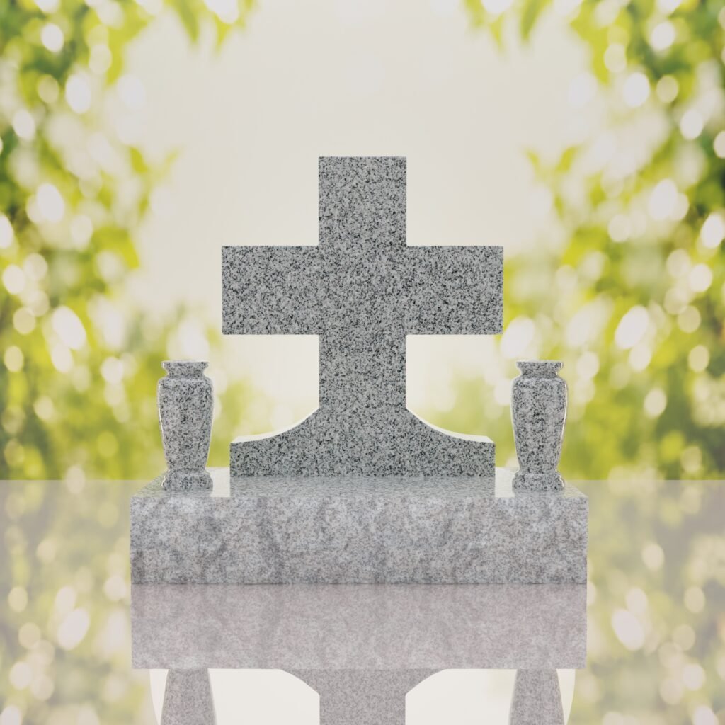 Classic Cross Granite Headstone with Dual Vases