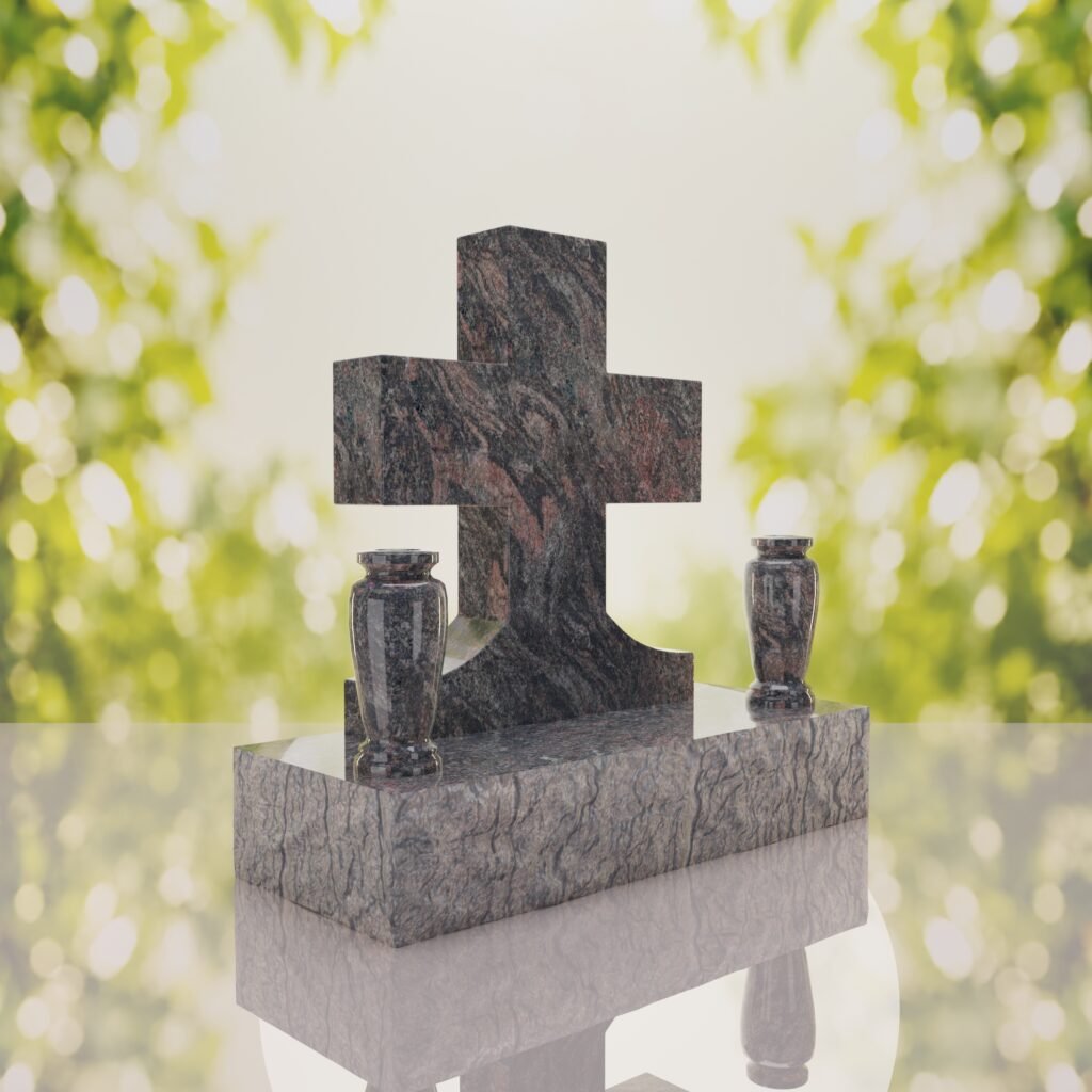 Classic Cross Granite Headstone with Dual Vases