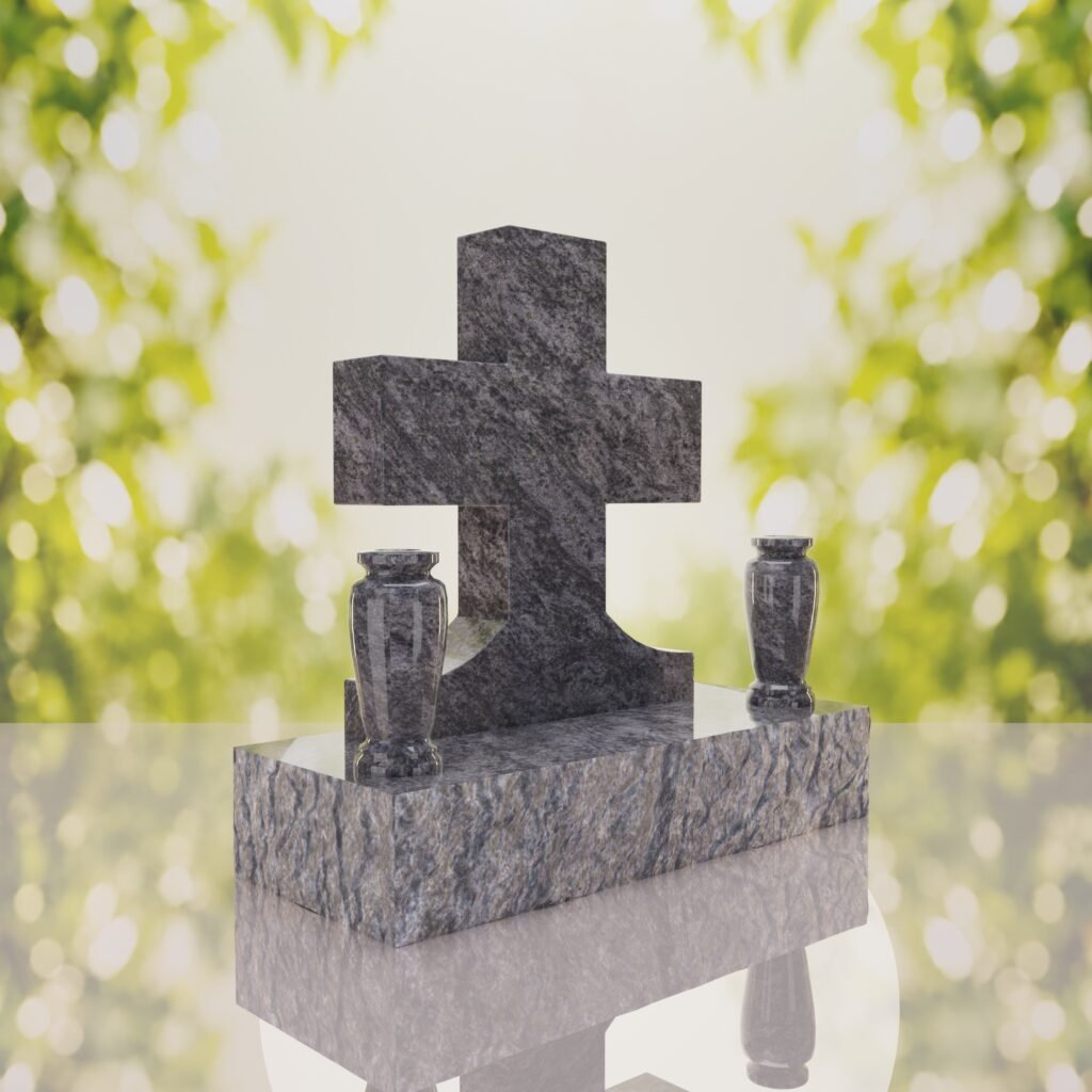 Classic Cross Granite Headstone with Dual Vases