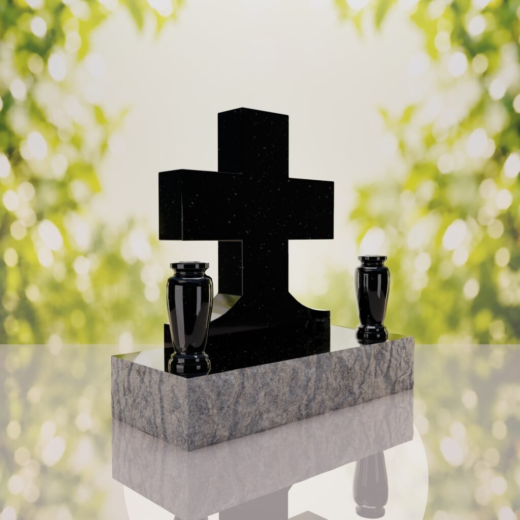 Classic Cross Granite Headstone with Dual Vases
