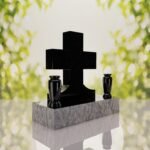 Classic Cross Granite Headstone with Dual Vases