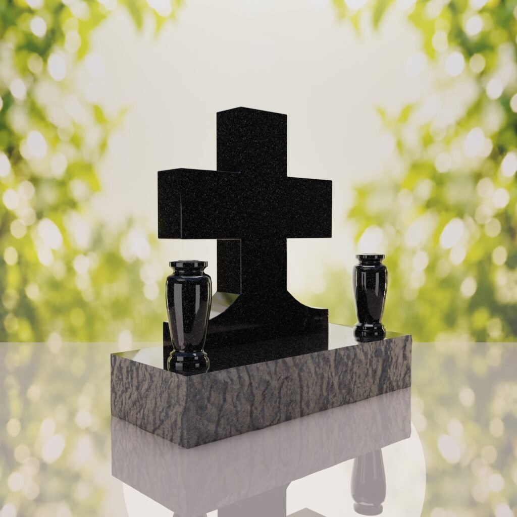 Classic Cross Granite Headstone with Dual Vases