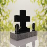 Classic Cross Granite Headstone with Dual Vases
