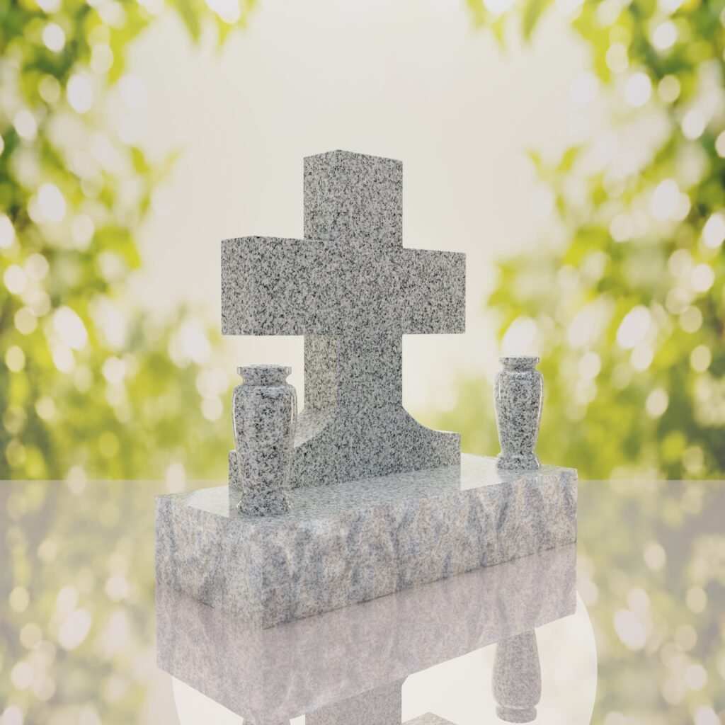 Classic Cross Granite Headstone with Dual Vases