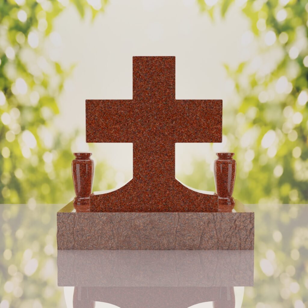 Classic Cross Granite Headstone with Dual Vases