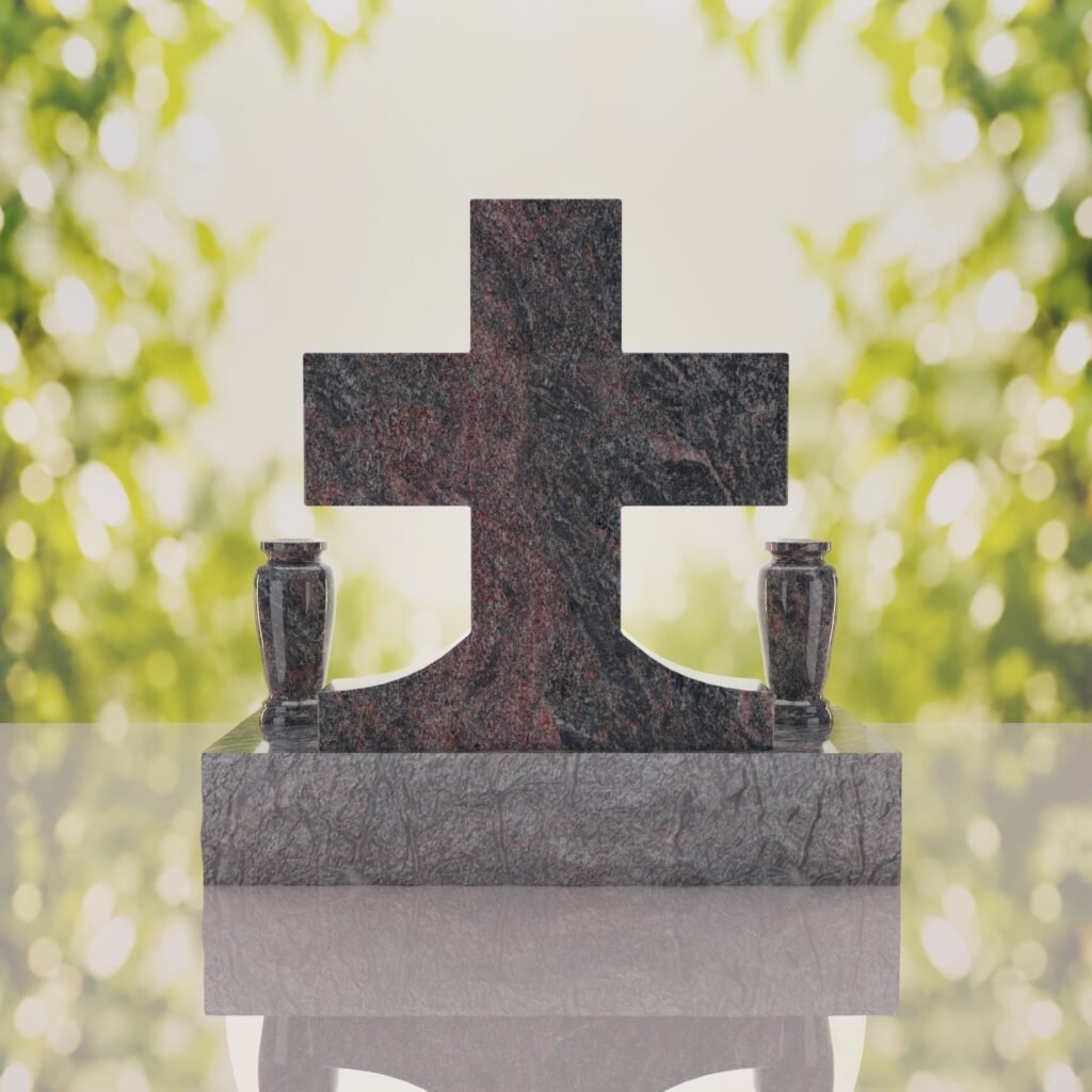 Classic Cross Granite Headstone with Dual Vases