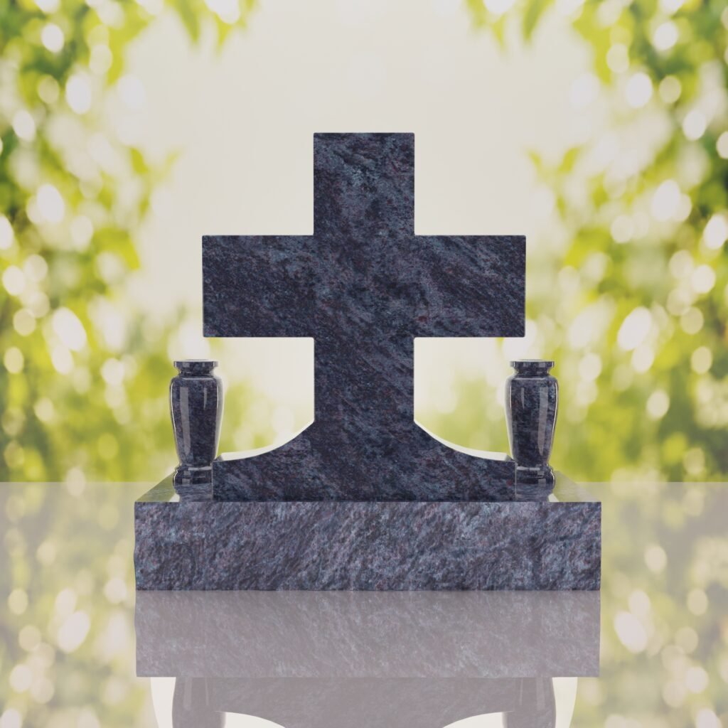Classic Cross Granite Headstone with Dual Vases