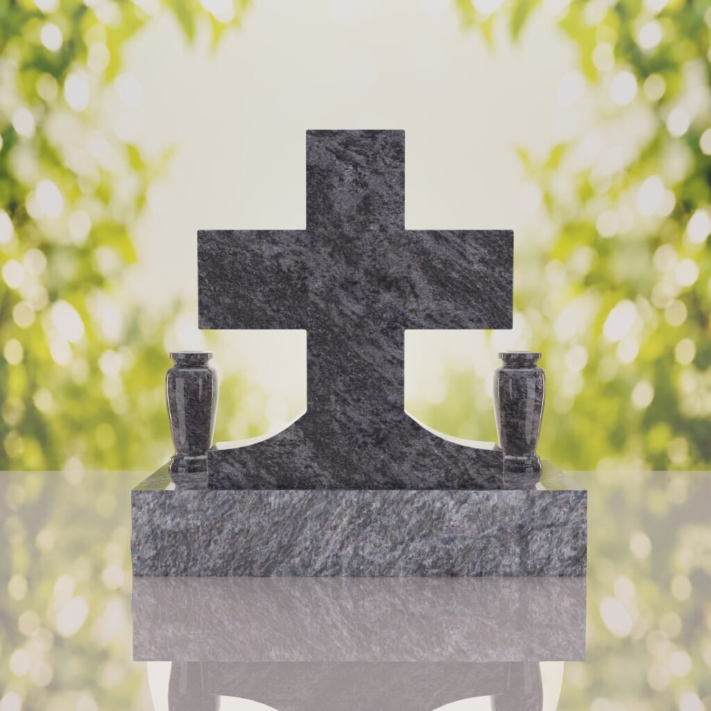 Classic Cross Granite Headstone with Dual Vases