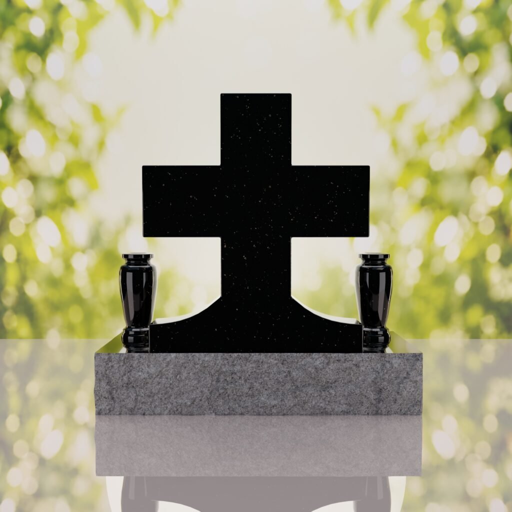 Classic Cross Granite Headstone with Dual Vases