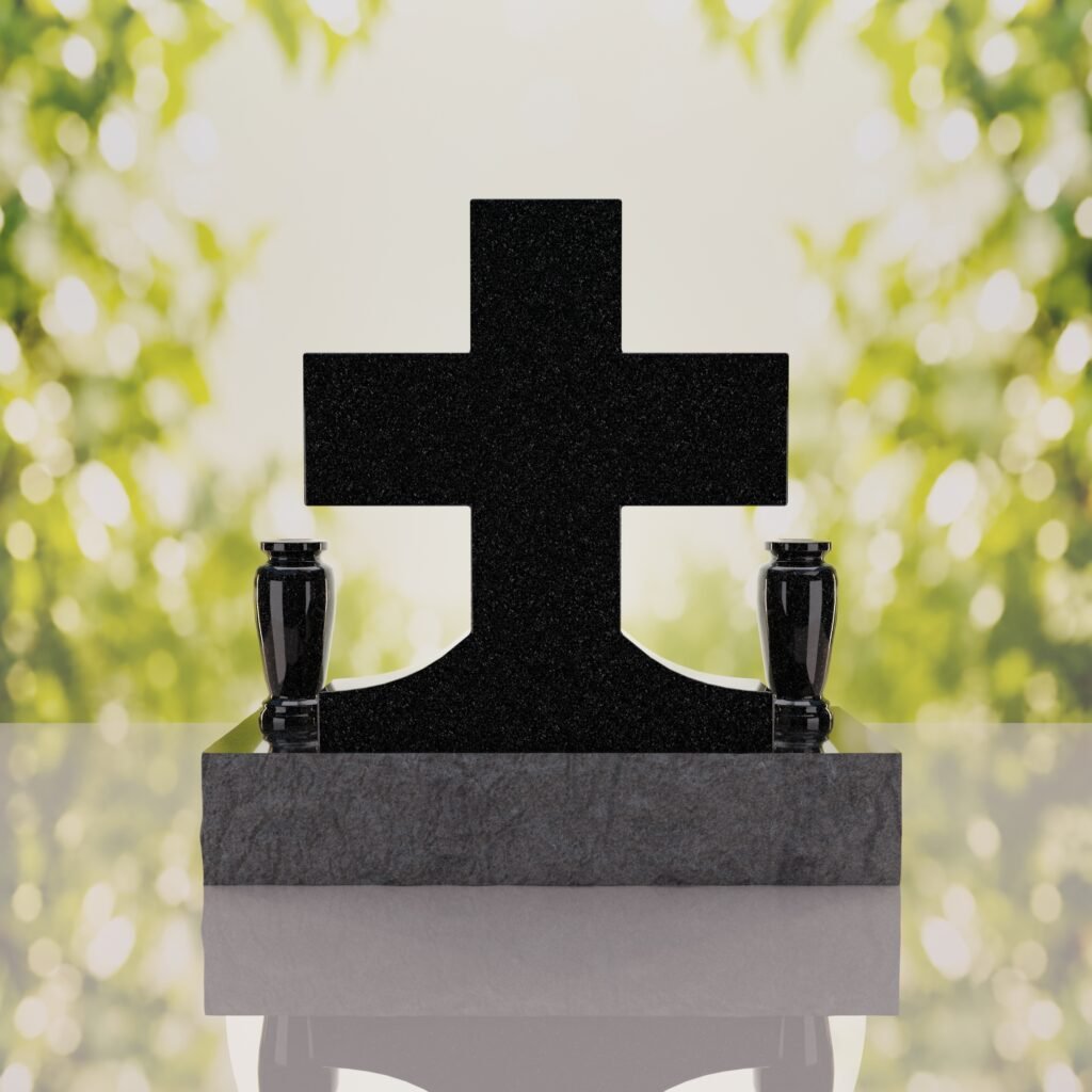 Classic Cross Granite Headstone with Dual Vases