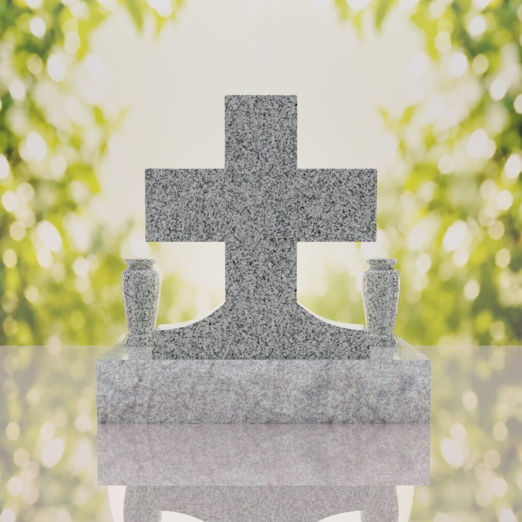 Classic Cross Granite Headstone with Dual Vases