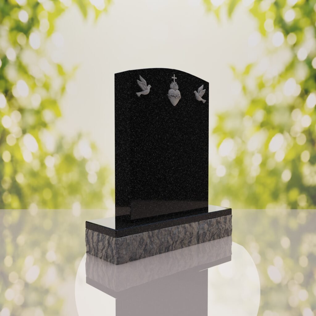Sacred Heart & Doves Catholic Granite Headstone