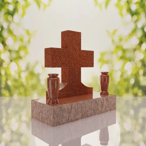 Classic Cross Granite Headstone with Dual Vases